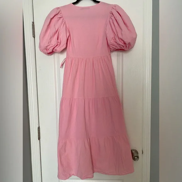 Pink puff sleeve tiered midi wrap dress - Picture 3 of 8
